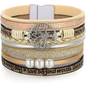 ✨ Malldou Wristbands Cuff Bracelet Women Gold Life Leather Boho Jewelry Gifts